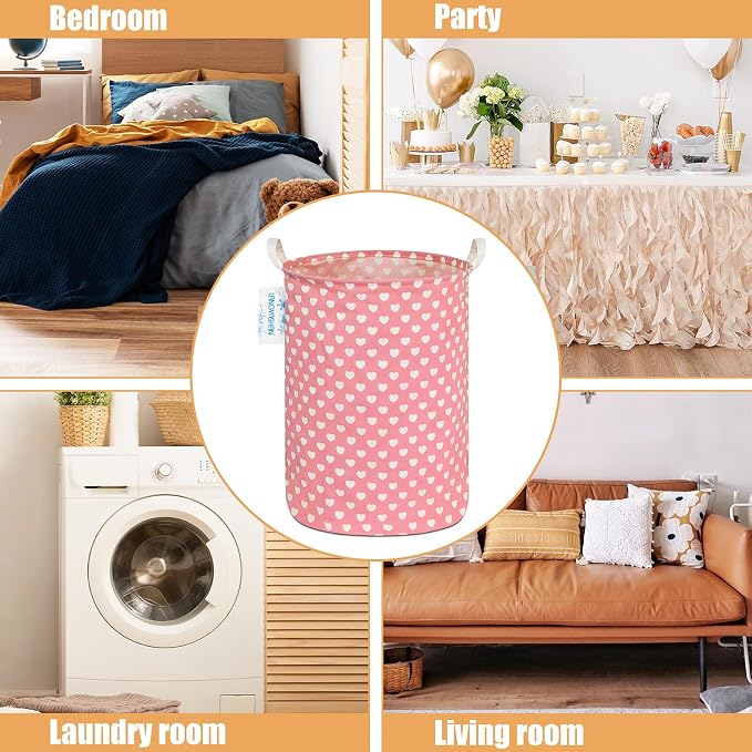 Round Laundry Basket Collapsible Storage Hamper Organizer Pink Heart | Waterproof Canvas Foldable Baskets with sturdy Handles Multi-scene Organizer for Home Play Bedroom Gift Bin
