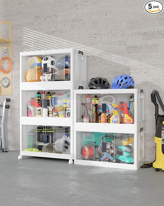 OlarHike 97QT Stackable Storage Bins with Lids - Folding Storage Box with Doors & Wheels, Collapsible Plastic Drawers for Closets and Organization, Garage, College, School, Shelves, Dorm, 5 Pack Cubes