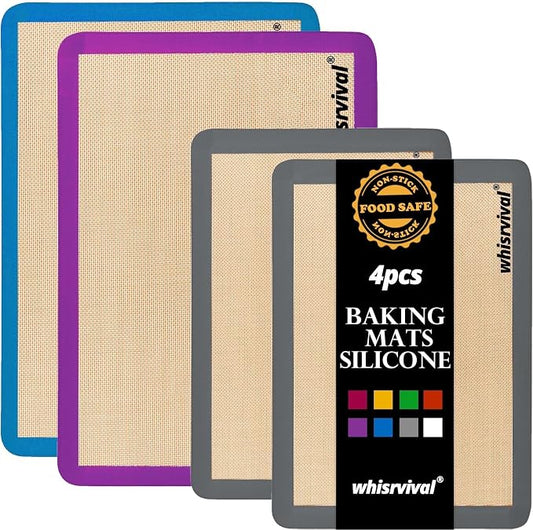 4 Pack Silicone Baking Mat, Non-Stick Silicone Baking Sheet, Food Safe Silicone Mats for Baking, 480℉ Heat Resistant, 2 Half & 2 Quarter (Purple, Blue, Grey)