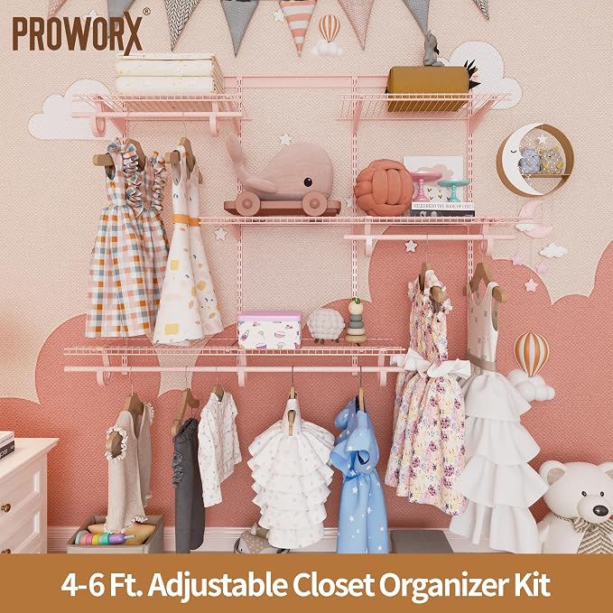PROWORX 4-6 Ft. Expandable Closet Organizer System, Pink Custom Metal Wire Closet Shelving, Organizers and Storage Shelves Wall Mounted with Hanging Rods
