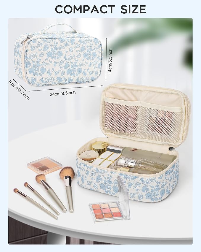 Relavel Travel Makeup Bag, Small Floral Cosmetic Bag with Makeup Brush Compartment, Portable Makeup Pouch for Women, Double Layer Makeup Organizer Bag Cute Toiletry Bag