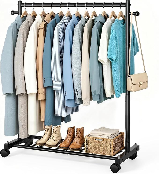 AOODA Short Clothing Rack for Hanging Clothes, Metal Small Clothes racks With Shelves, Heavy Duty Rolling Garment Racks on Wheels for Closet, Wardrobe (Black)