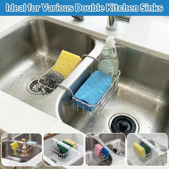 2 Pack Stainless Steel Sponge Holder for Kitchen Sink, Double Kitchen Sink Caddy Saddle for Sponge, Scrubber & Dish Cloth, Rustproof Hanging Organizer for Double Basin, Top Width 1.93"