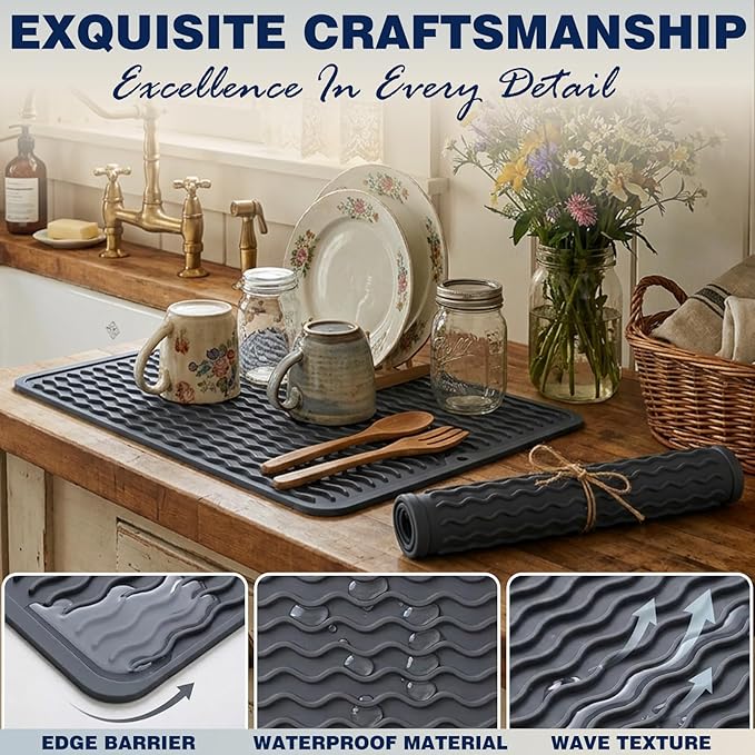 2 Pack Caketime Silicone Dish Drying Mat for Kitchen Counter Under Sink Protector Organizers Cooking Baking for Blackstone Griddle Accessories Coffee Mats Appliance Stone Rack Trays Drain Black