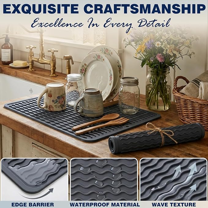 2 Pack Caketime Silicone Dish Drying Mat for Kitchen Counter Heat Resistant Quick Dry Pads Hot Dishes Waterproof with Under Sink Rack Soap Holder Coffee Accessories 15"x11.5" Light Gray