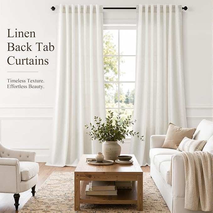 Hokibero Natural Linen Curtains 70 Inches Long for Living Room 2 Panels | Light Filtering Semi Sheer Curtain, Back Tab Rod Pocket Pleated Look, Ivory Privacy Drapes for Bedroom Window, Boho Farmhouse