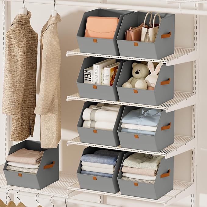 Homsorout Fabric Closet Storage Cubes - 10 Pack Square Storage Bins with Dual Handles for Clothes, Towels, Toys, Cube Storage Organizers for Bedroom, Nursery, Shelves, Closet, Small Spaces, Grey