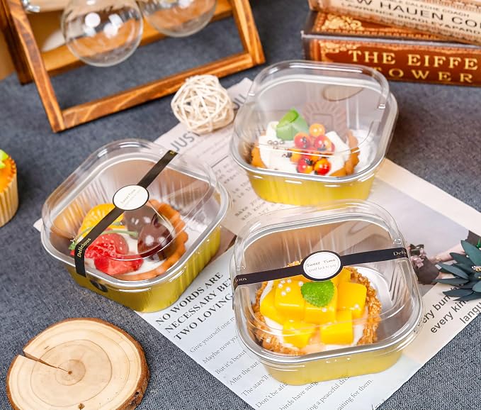 NPLUX 50 Pack Mini Cake Pans with Lids and Spoons Aluminum Foil Pans Square Cake Tins for Bakery Party Wedding, Graduation Gifts Party Favors(Gold,10 oz)