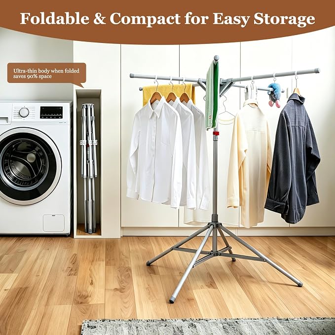 Adjustable Collapsible Umbrella Style Clothes Drying Rack, 4Legs6Telescopic Arms, Space-Saving Freestanding Laundry Airer with Windproof Clips, Easy Setup Indoor Outdoor (Gray-Carbon Steel)