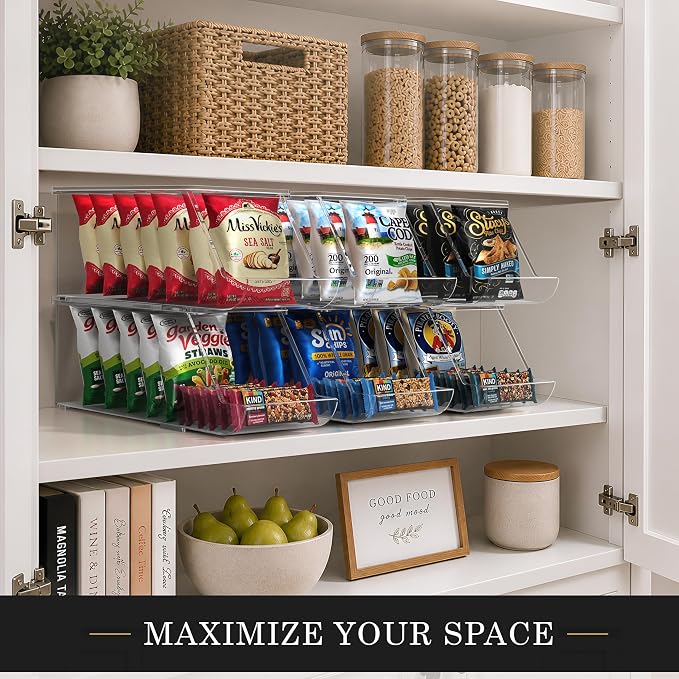 Sorbus Stackable Snack Organizer Bins Open Front – Clear Pantry Storage Bins for Chips, Snacks & Food Pouches – Kitchen Pantry Organizer (4 Pack) | Open Front, Clear, For Chips, Snacks & Food Pouches, Pantry Storage