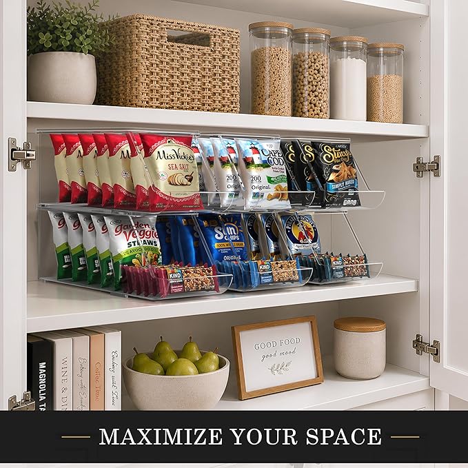 Sorbus Stackable Snack Organizer Bins Open Front – Clear Pantry Storage Bins for Chips, Snacks & Food Pouches – Kitchen Pantry Organizer (2 Pack) | Open Front, Clear, For Chips, Snacks & Food Pouches, Pantry Storage