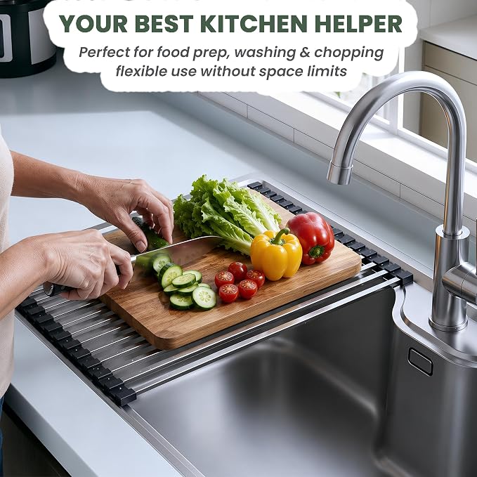 Roll Up Dish Drying Rack Over the Sink 304 Stainless Steel Kitchen Drainer | Durable and Rust Proof, Support Heavy Load, Easy to Clean, Foldable, Space Saving, Anti-Slip, Multipurpose, 17 x 13 Inches