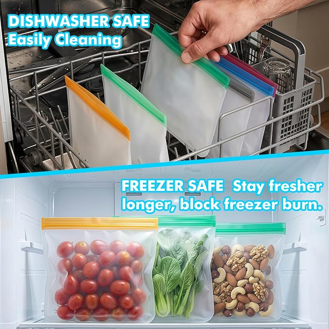 20 Pack Reusable Freezer Bags Silicone Dishwasher Safe, Leakproof Reusable Food Storage Bags BPA Free Healthy Food Storage Contaizers, Snack Sandwich Gallon Baggies for Meal Prep Lunch Travel Green