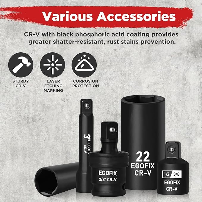 3/8" Drive Impact Socket Set, 50 Piece Standard SAE (5/16 to 3/4 inch) and Metric (8-22mm) 6 Point, with Adjustable Ratchet Handle, Extension Bars, Impact Universal Joint, Adapter, Cr-V Steel