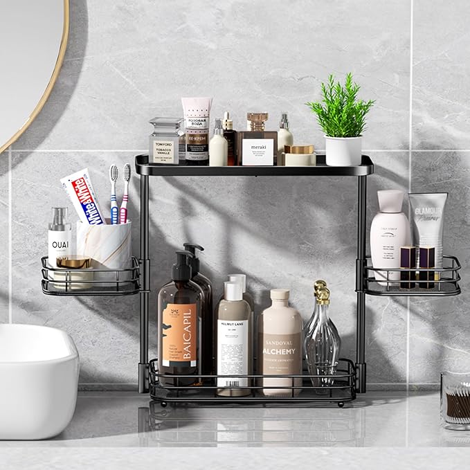 VITVITI 3 Tier Bathroom Organizer Countertop, Metal Wire Bathroom Counter Vanity Organizer Storage, Mesh Bath Room Sink Kitchen Shelf Rack with 360 Rotating Basket, Black