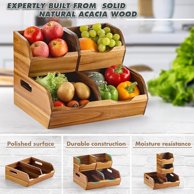 Acacia Wood Pantry Storage Bins - Stackable Open Front Kitchen Baskets for Potato, Onion, Fruit, Vegetable, and Bread Storage, Wood Organizer for Pantry (Warm Acacia)