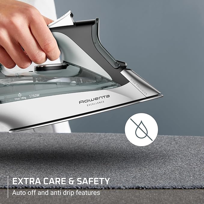 Rowenta Iron, Focus Excellence Stainless Steel Soleplate Steam Iron for Clothes, Retractable Cord, 400+ Microsteam Holes, Powerful steam, LED Display, 1750 W Ironing Clothes, Cordreel, Green DW5432