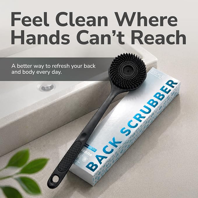 SILKLE Silicone Back Scrubber for Shower - Back Scrubber with Long Handle, Shower Back Scrubber & Body Scrubber with Handle, Exfoliating Back Scrubber, Back Brush for Shower with Textured Grip - Black