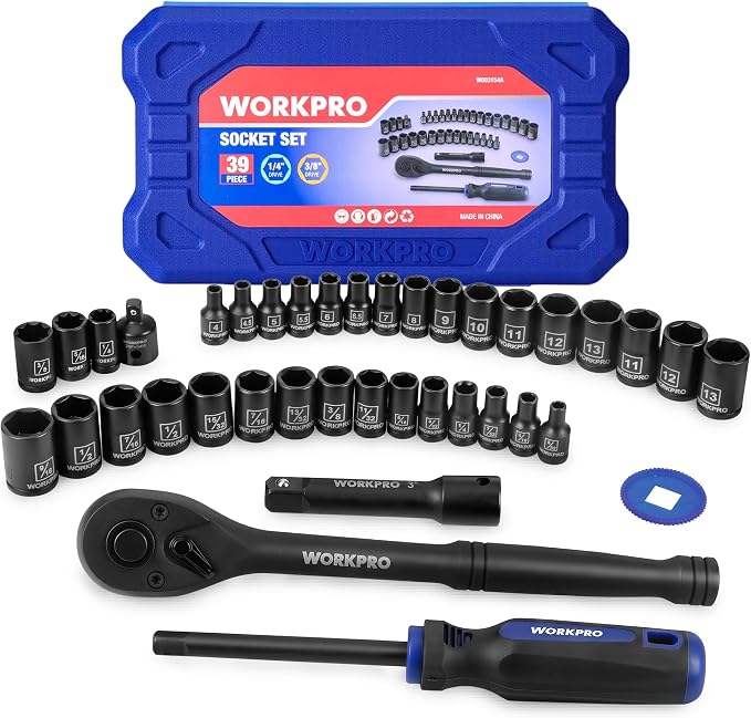 WORKPRO 39PC Drive Black Phosphate Finish CR-V Socket Set(1/4" & 3/8") | Metric & SAE, Quick-Release Ratchet Wrench, Extension Bar, Spinner Handle & Adapter, Compact, Automotive Repair