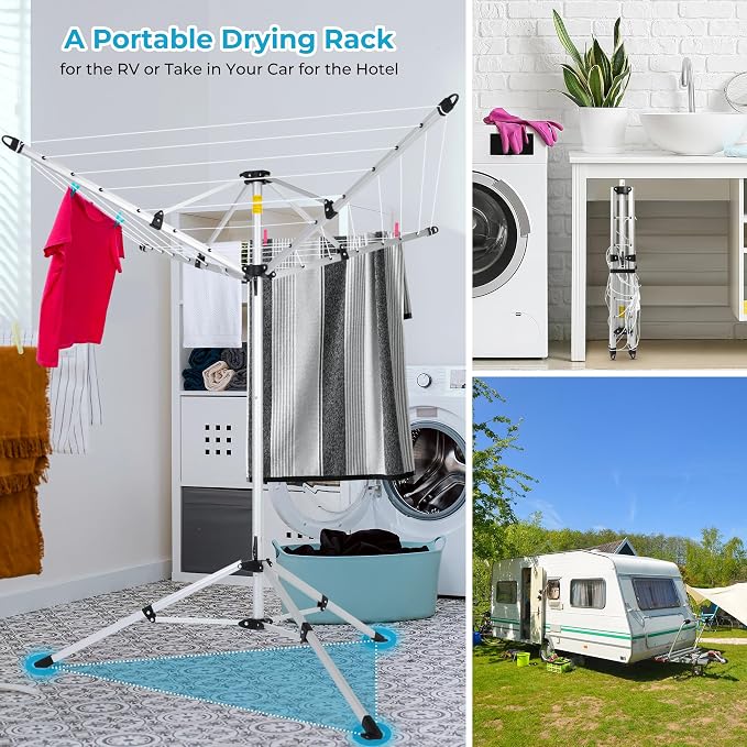 JS HANGER Drying Natural Clothes Airer Outdoor Portable 4-arm Aluminum Drying Rack w/Ground Stake, Carry Bag, 28-Lines with 65 ft. Umbrella Clothesline