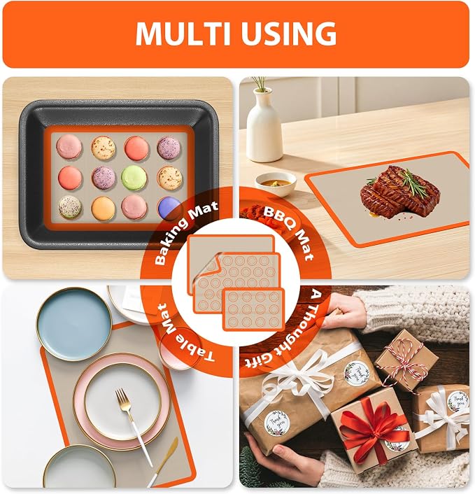 Macaron Silicone Baking Mats, 3 PCS Non Stick Macaroon Mat Silicone for Macarons, Cookie, Pastry, Orange