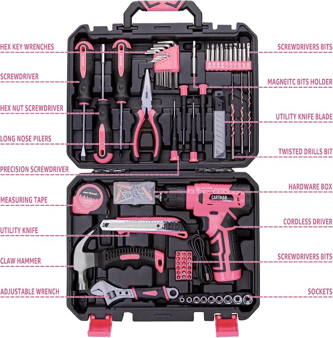 CARTMAN 150-Piece 8V Cordless Drill Hand Tool Set Pink Household Repair Kit | All-Inclusive Tool Assortment With 8V Drill, Great For Home Upkeep, DIY Crafting And Daily Household Fixes
