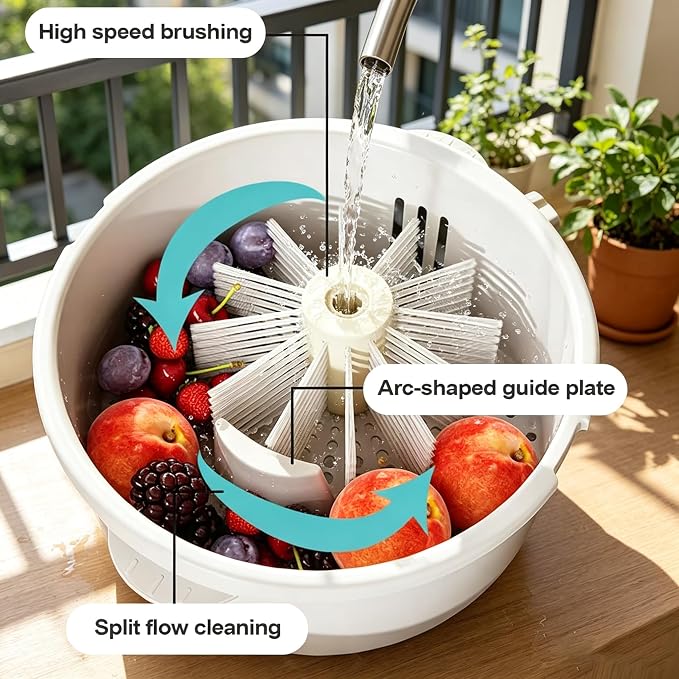 Salad Spinner and Produce Washer, Multifunctional Vegetable Dryer, Electric Lettuce Spinner with Non-Slip Base, Fruit and Veggie Cleaner for Kitchen Prep (QJXZQ-01)