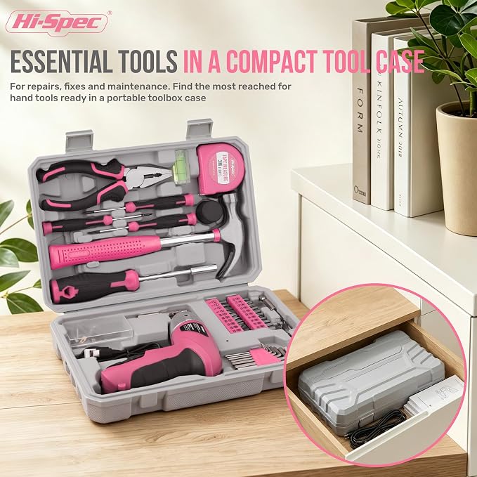 Hi-Spec 4V Electric Ladies Screwdriver Tool Kit Compact Portable Case, Pink | 42pc, everyday fixes made easier, organized portable storage, beginner-friendly selection, apartment and office tasks, tidy