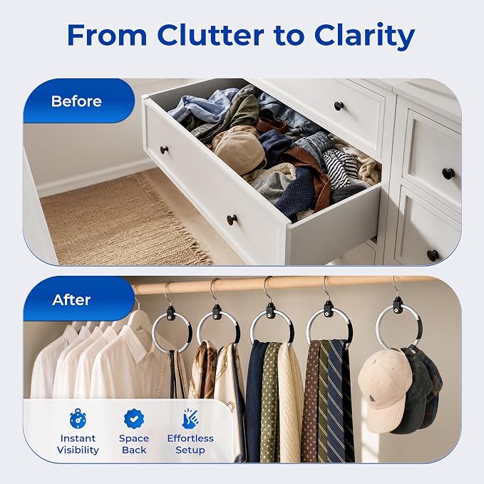 Rolly Hanger® Premium Closet Organizer, Rotating Aluminum Ring Hanger with 360° Swivel Hook, Space Saving Accessory Holder for Belts, Ties, Hats, Scarves, Purses & Handbags | Closet Organizer (3 Pack)