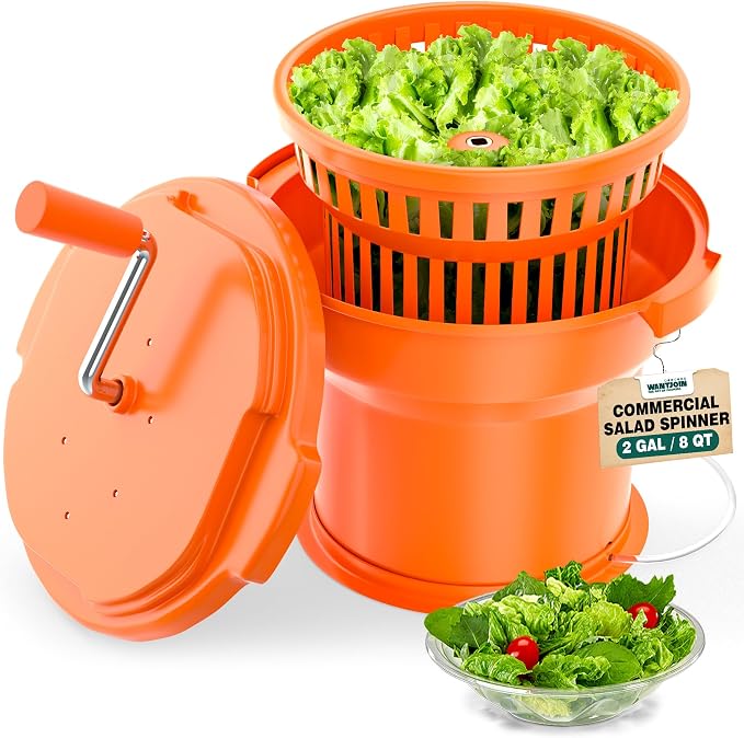 WantJoin Commercial Salad Spinner - [2 Gallon Salad Dryer] w/Silicone [Anti-slip Mat] & [Draining Hose], 10Qt Manual Salad Spinner for 3 Heads of Lettuce Spinner Large for Catering, Orange