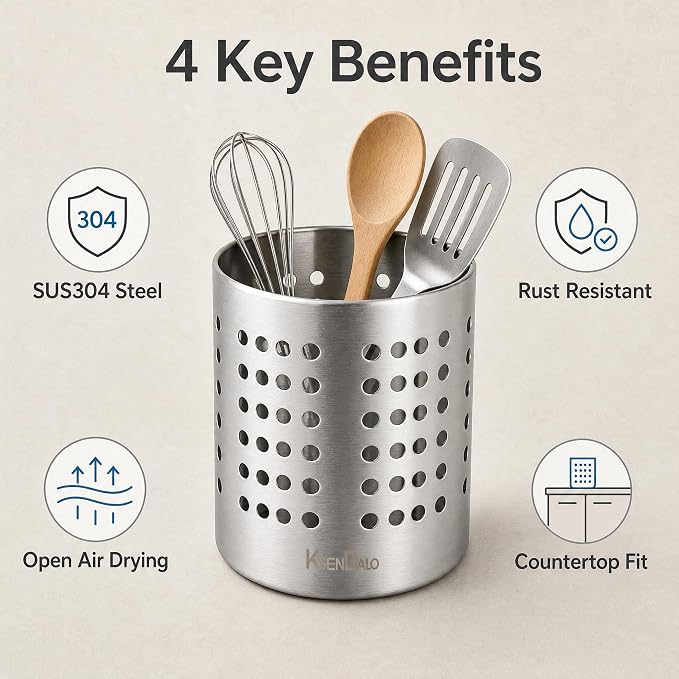 KSENDALO SUS304 Small Stainless Steel Utensil Holder for Countertop, Silver | 18/8 Stainless Silverware Utensil Drying Rack, Sturdy Rust Resistant, 5.32inch Tall, Dishwasher Safe