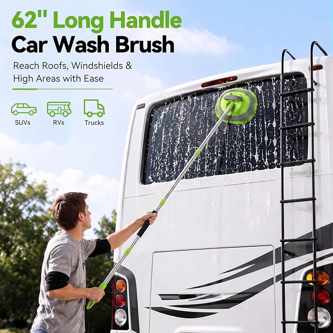 Ordenado 62" Car Wash Brush With Long Handle - 6Pcs Car Wash Kit with Chenille Microfiber Mop Mitt, Windshield Squeegee, Duster, Towel & Tire Brush, Scratch-Free Car Exterior Cleaning Kit for RV Truck
