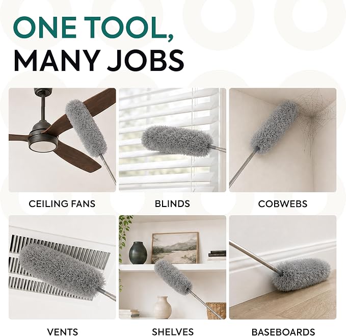 GÜTEWERK Extendable Microfiber Duster, 55 Inch - Feather Dusters for Cleaning Ceiling Fans, Blinds, Baseboards & High Ceilings - Washable, Electrostatic, 360° Bendable Head, Stainless Steel Pole