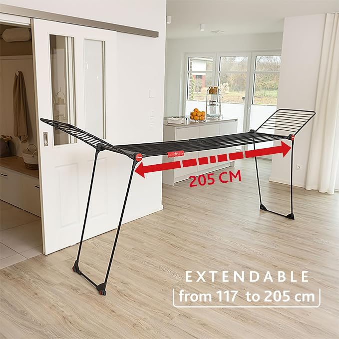 Vileda Infinity Flex Ultimate Black Edition Folding Clothes Airer | Telescopic frame 117-205 cm, XXL drying bars, aluminium and steel, pre-assembled, TÜV tested, comfort pack