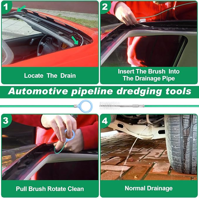 Auto Sunroof Drain Cleaning Tool,197Inch Long Pipe Cleaner for Car,Flexible Tube Cleaning Brush with 2Pcs 7.9inch Cleaning Brush Skinny Pipe Drain Dredge Cleaning Tool for Car Sunroof Wiper Drain Hole