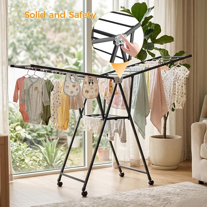 Clothes Rack, 2-Tier Drying Hanger, for 20 Pieces+, Foldable and Space Saving, Portable, Indoor or Outdoor Use, Solid Metal Clotheshorse, Nice for Mum, Gray (1.6 m Wing Length)
