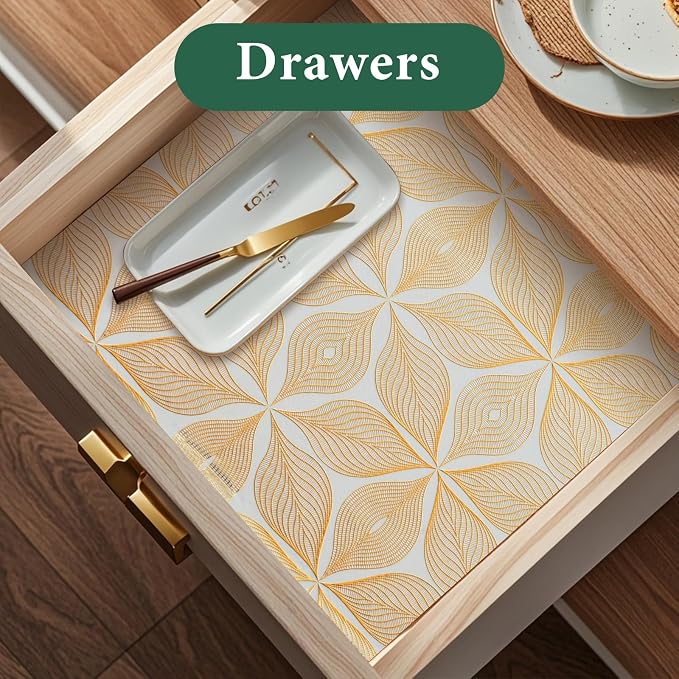 3D Drawer and Shelf Liner for Kitchen Cabinet: 23.6 in X 20 Ft Waterproof | Shelf Paper Non Adhesive Refrigerator Liners Golden Leaf Easy Liners for Bathroom with Knife Tape Measure