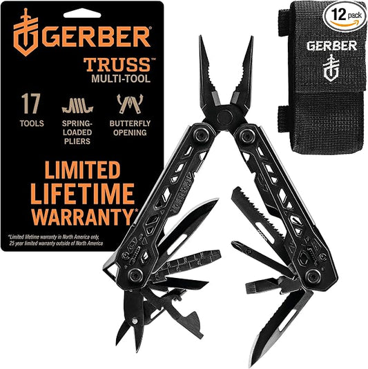 Gerber Gear Truss Multitool, Gifts for Men, 17-in-1 EDC Needle Nose Pliers, includes Pocket Knife, Screwdriver, and Bottle Opener Accessories, Fishing and Camping Gear, Black (Pack of 12)