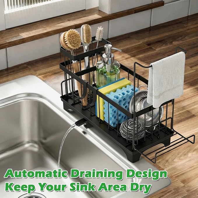 Sponge Holder for Kitchen Sink, Self-Draining Sink Caddy with Detachable Cloth & Dish Brush Rack, Metal Sponge Caddy Organizer for Kitchen Countertop Organizers and Storage Accessories, Black