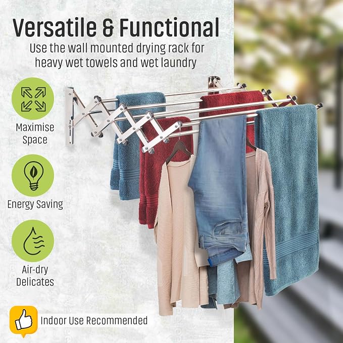 Smartsome Wall Mounted Clothes Drying Rack | Adjustable to Fit Your Space | 20 Linear Feet Drying Capacity | 8 Stainless Steel Rods | 60 lb Capacity | Fully Assembled | Compact Space-Saving Design