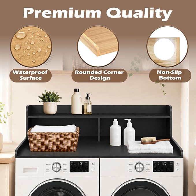 Royxen Laundry Countertop with 2-Tier Shelf Universal Fit, Washer and Dryer Countertop with Storage Space, Shelf Height 11.5 Inches, Solid Wood Core, Black