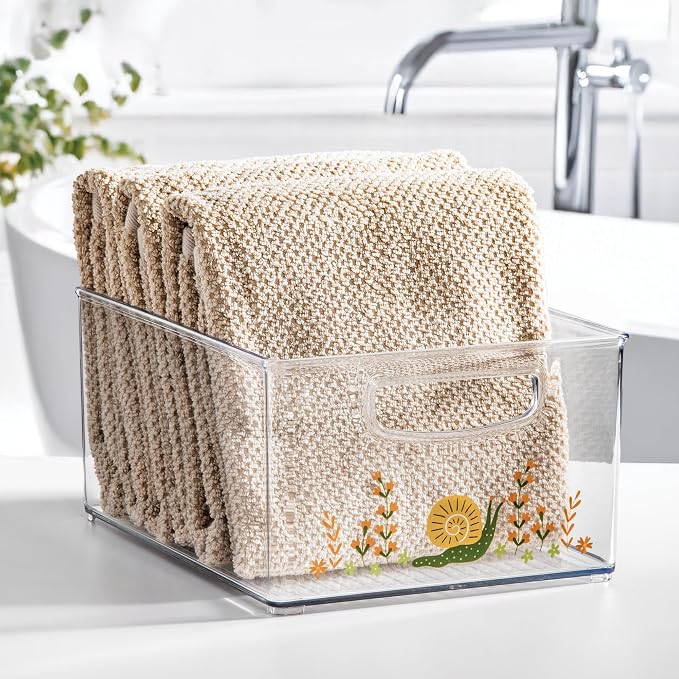 iDesign Bathroom Organizer Bin, Clear/Snail | Decorative Print, Stackable, Plastic Storage Basket, For Makeup & Vanity Organization