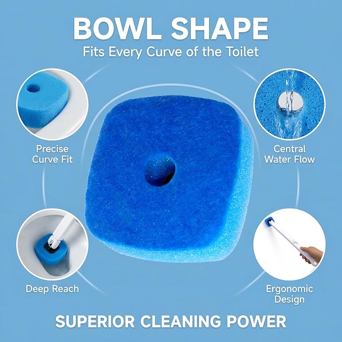 Disposable Toilet Bowl Brush with 12 Refills, Plastic Handle, Blue and Yellow, Dual-Color Sponge Heads, Toilet Cleaning Starter Kit (Yellow Refills)