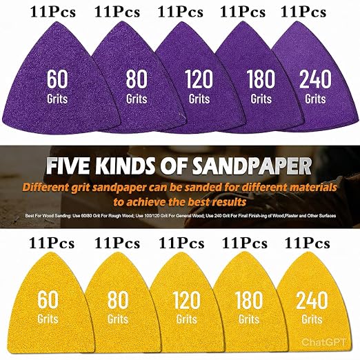 Oscillating Tool Sanding Pads Kit 114Pcs | 2Pcs Triangle Sanding Pads and 2Pcs Finger Sanding Pad, 110Pcs Multitool Sandpaper Set, Grit Fit for Finishing Wood Sanding