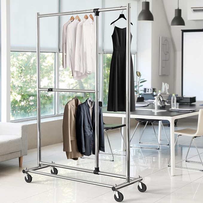 Simple Houseware Dual Bar Adjustable Clothing Garment Rack, 72" H, Chrome | Extendable Middle Bar from 23" to 42.75 Inches Width