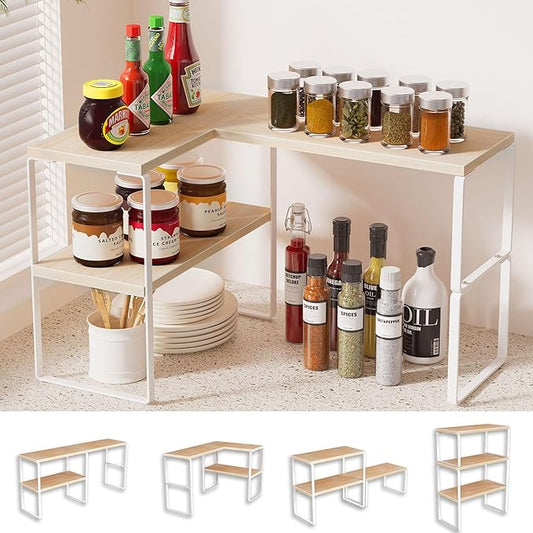 Golener Kitchen Counter Organizer, Countertop Shelf, Adjustable, Stackable | Kitchen Countertop Organizer, Spice Rack, 2-Tier Countertop Shelves, Corner Desk Shelf, Corner Counter Shelf, Natural Beige