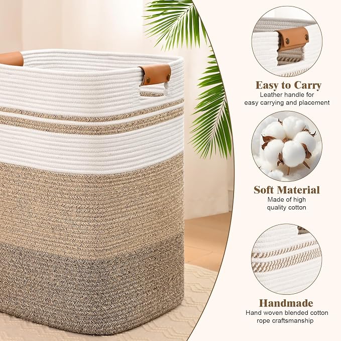 Laundry Hamper, 75L Tall Laundry Basket with Leather Handles, Rectangle Large Clothes Hamper for Organizing, Cotton Woven Laundry Baskets Storage Hampers for Bedroom, Nursery, Living Room