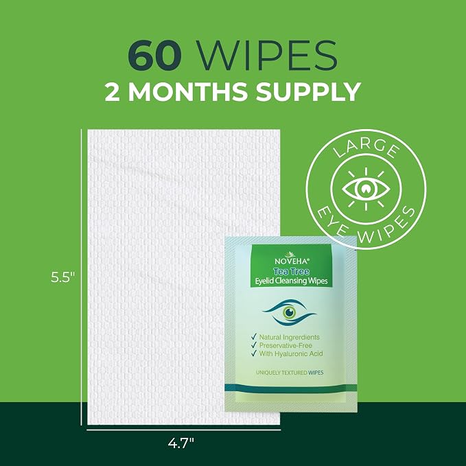 NOVEHA 360PCs Tea Tree Oil Eyelid & Lash Wipes With Hyaluronic Acid, Green Tea & Chamomile For Blepharitis & Itchy Eyes, Individually Wrapped Eyelash Wipes Natural Makeup Remover & Daily Cleanser