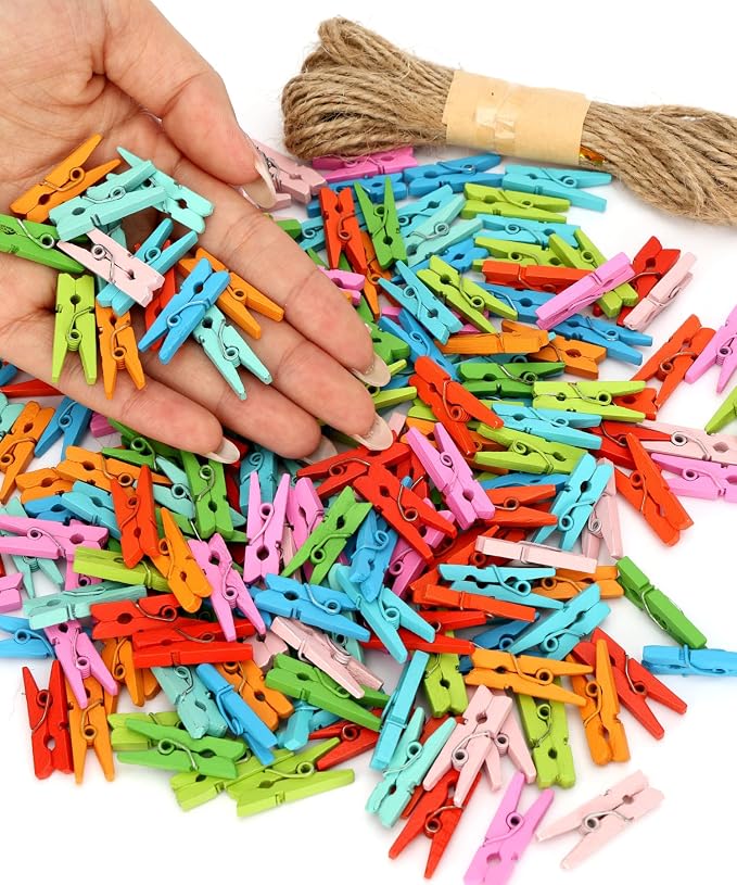 Mr. Pen- Mini Wooden Clothes Pins for Photo, 1 Inch, 200 Pack, Colorful | Small Clothespins with 10 m Jute Twine for Scrapbooking, Labeling Plants, Gift Tags, Tiny Crafts, Photo Display, Decoration