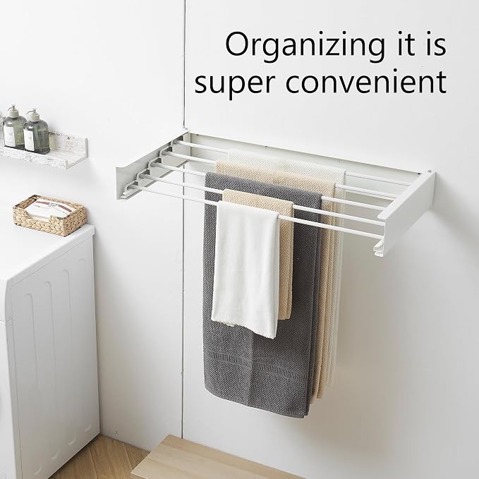 RFOUO Wall Mounted Clothes Drying Rack,White 31.5" | Foldable,Space saver Drying Rack for Laundry Balcony Bathroom, 5 Aluminum Rods, 60 lb Capacity